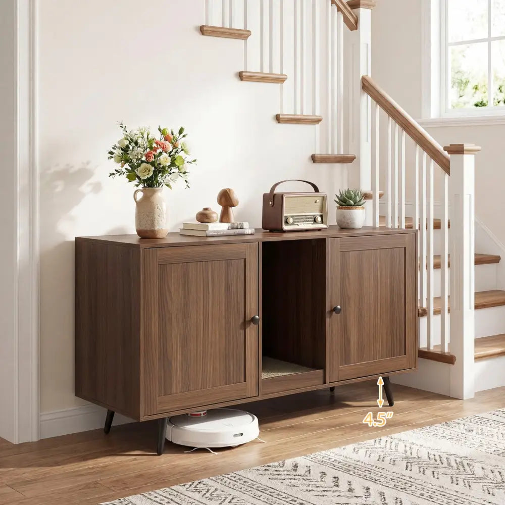 Double Cat Litter Box Enclosure for 2 Cats with Scratching Pad and Double Rooms-Walnut - Walnut - Cat Houses