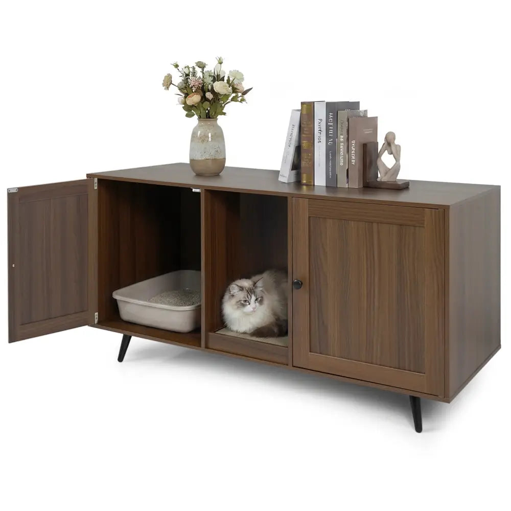 Double Cat Litter Box Enclosure for 2 Cats with Scratching Pad and Double Rooms-Walnut - Walnut - Cat Houses