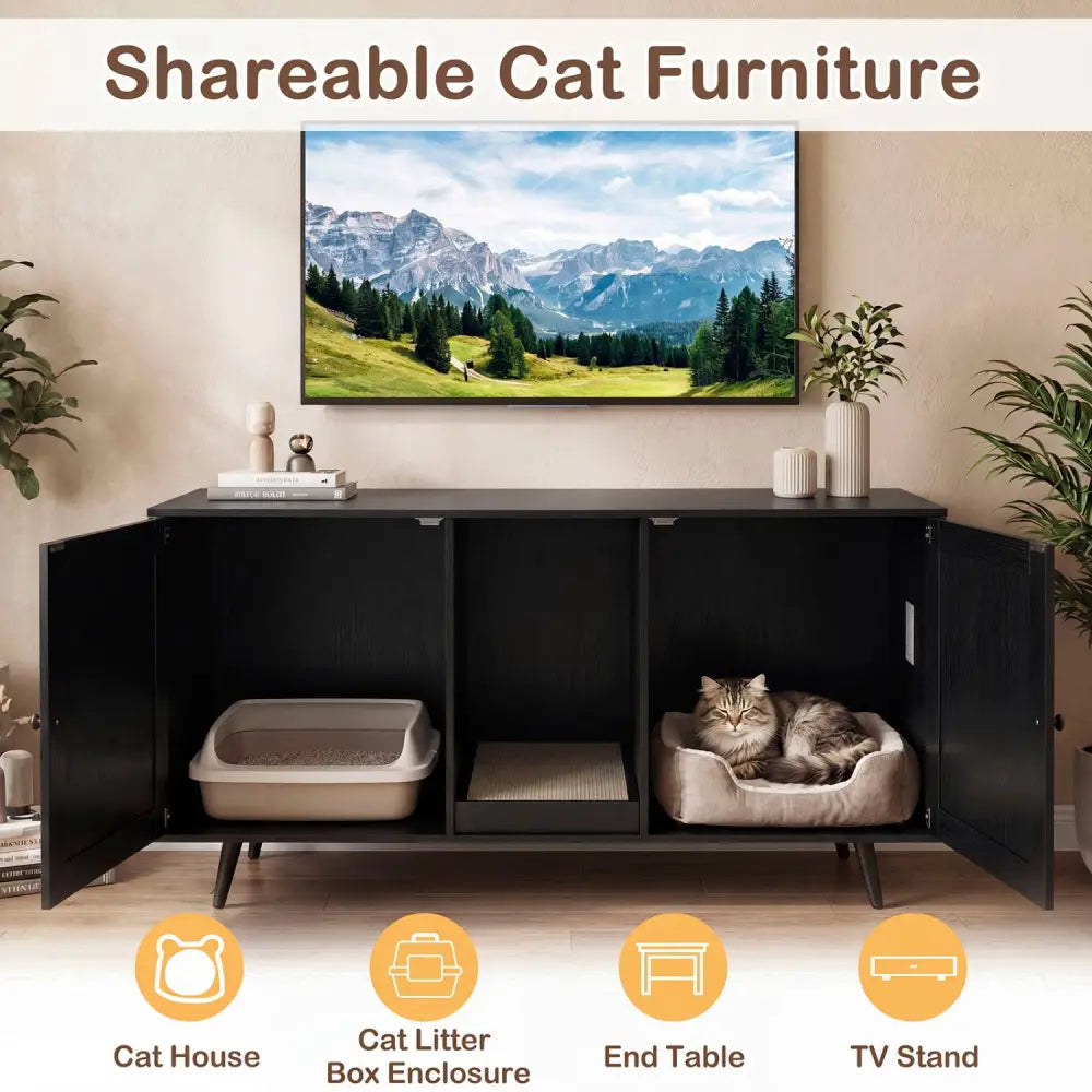 Double Cat Litter Box Enclosure for 2 Cats with Scratching Pad and Double Rooms-Black - Black - Cat Houses