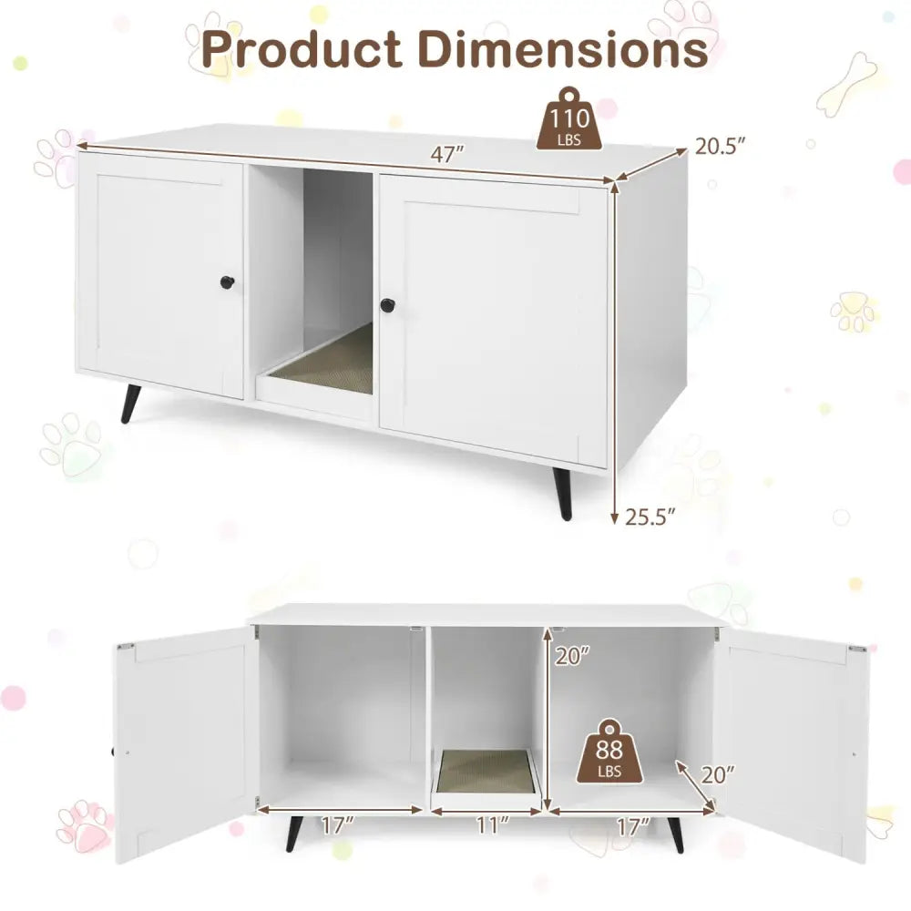 Double Cat Litter Box Enclosure for 2 Cats with Scratching Pad and Double Rooms-White - White - Cat Houses