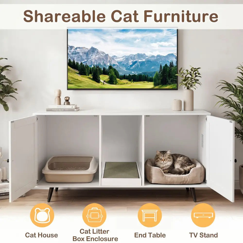 Double Cat Litter Box Enclosure for 2 Cats with Scratching Pad and Double Rooms-White - White - Cat Houses