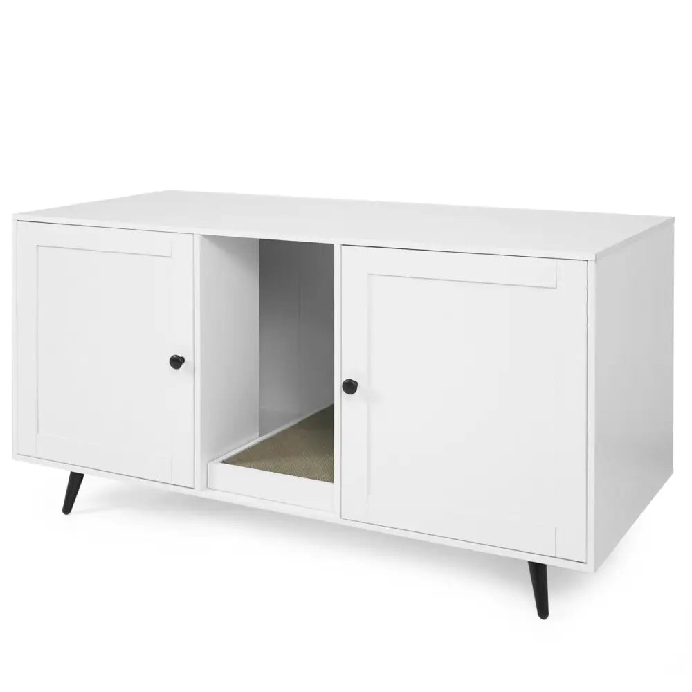 Double Cat Litter Box Enclosure for 2 Cats with Scratching Pad and Double Rooms-White - White - Cat Houses