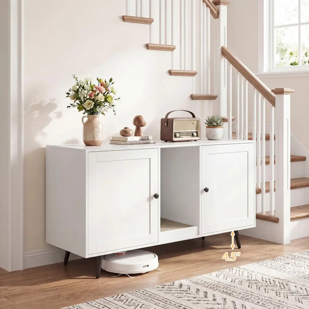 Double Cat Litter Box Enclosure for 2 Cats with Scratching Pad and Double Rooms-White - White - Cat Houses