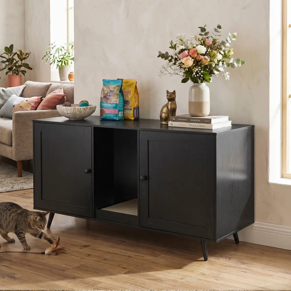 Double Cat Litter Box Enclosure for 2 Cats with Scratching Pad and Double Rooms-Black - Black - Cat Houses
