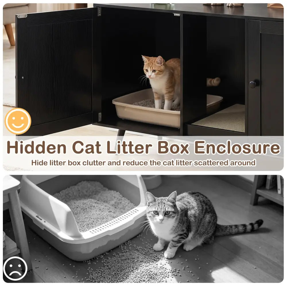 Double Cat Litter Box Enclosure for 2 Cats with Scratching Pad and Double Rooms-Black - Black - Cat Houses