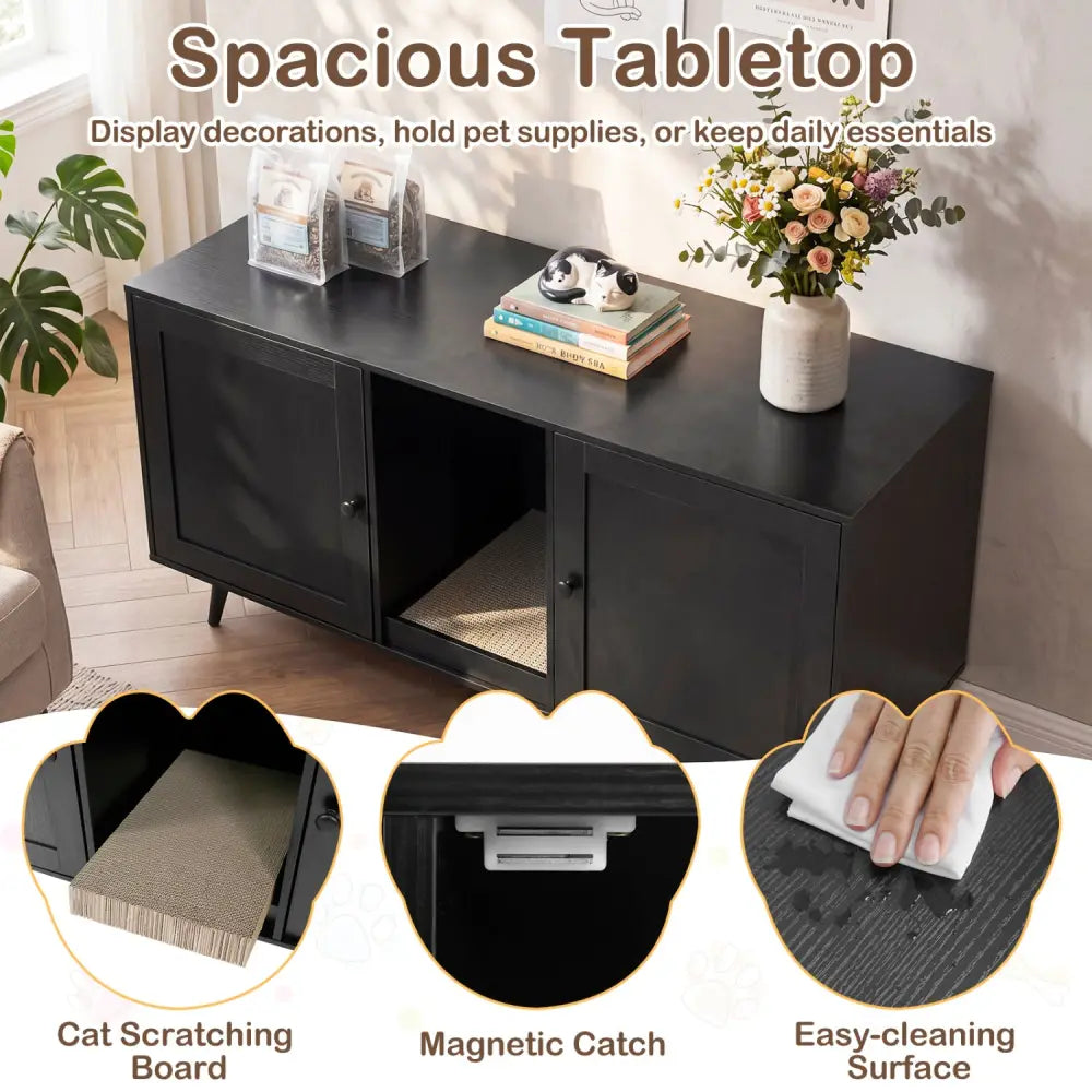Double Cat Litter Box Enclosure for 2 Cats with Scratching Pad and Double Rooms-Black - Black - Cat Houses