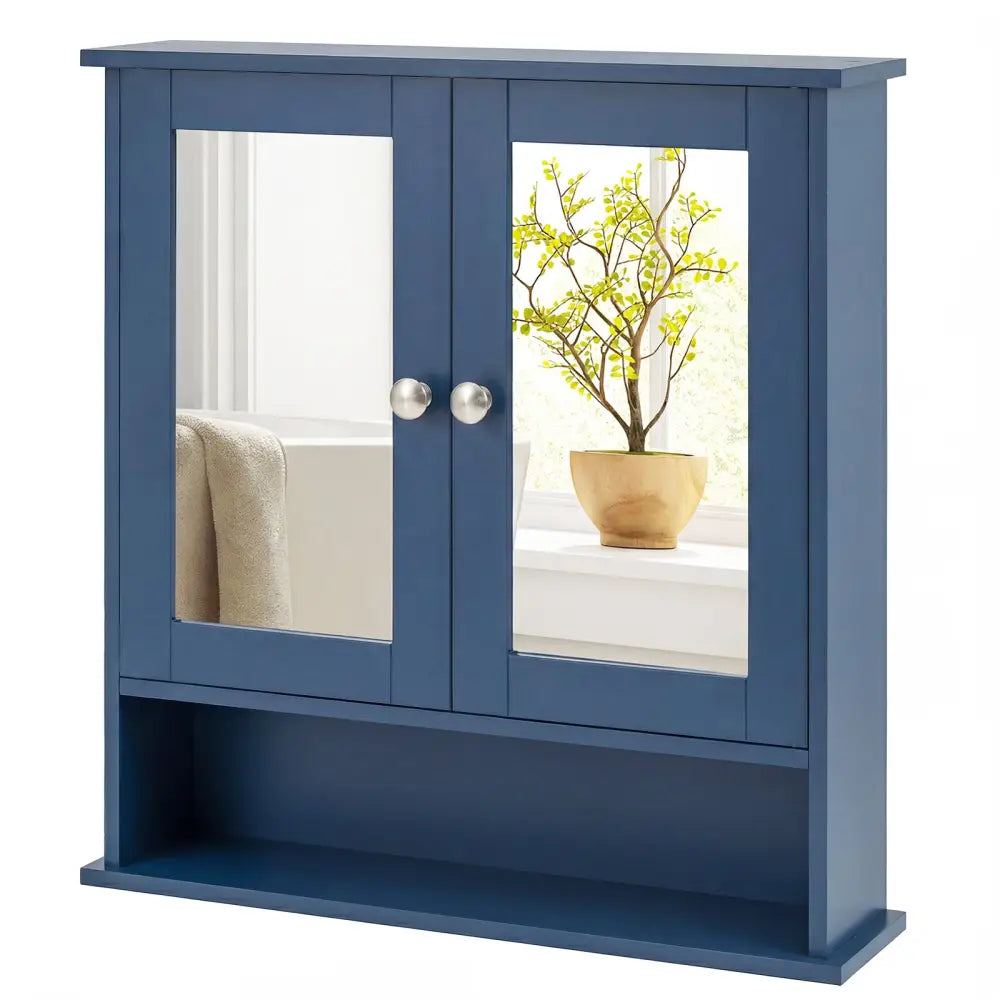 Double Door Wall-Mounted Bathroom Mirror Cabinet with Storage Shelf-Blue - Blue - Wall Cabinets
