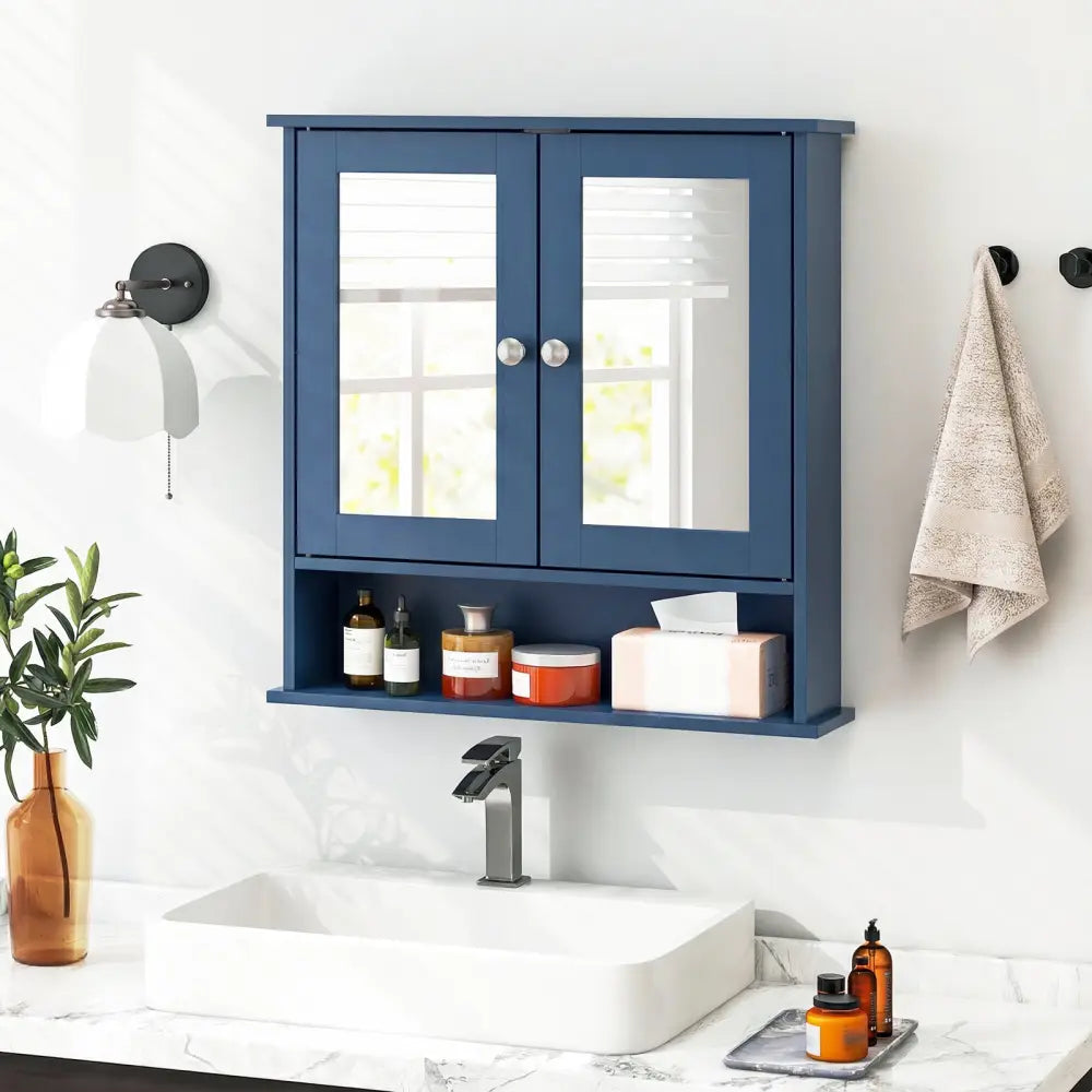 Double Door Wall-Mounted Bathroom Mirror Cabinet with Storage Shelf-Blue - Blue - Wall Cabinets