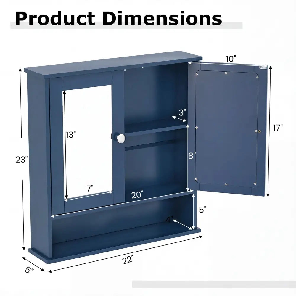 Double Door Wall-Mounted Bathroom Mirror Cabinet with Storage Shelf-Blue - Blue - Wall Cabinets