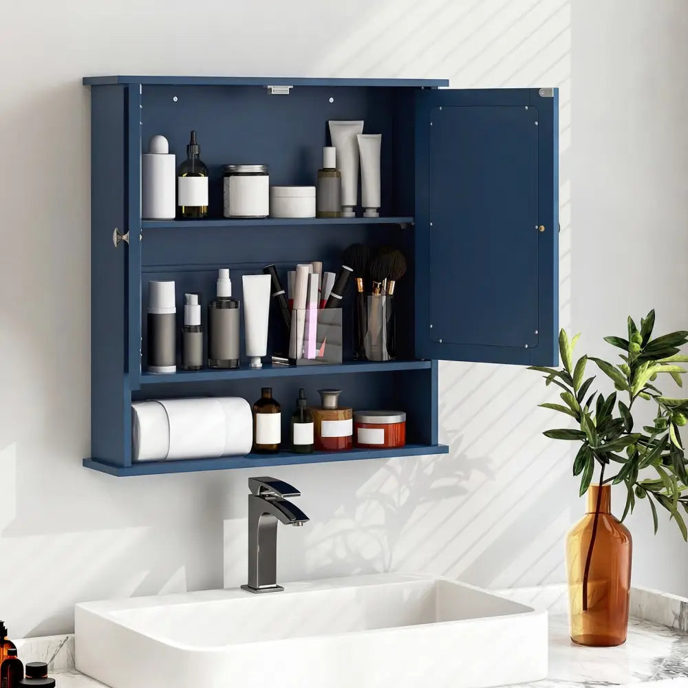 Double Door Wall-Mounted Bathroom Mirror Cabinet with Storage Shelf-Blue - Blue - Wall Cabinets