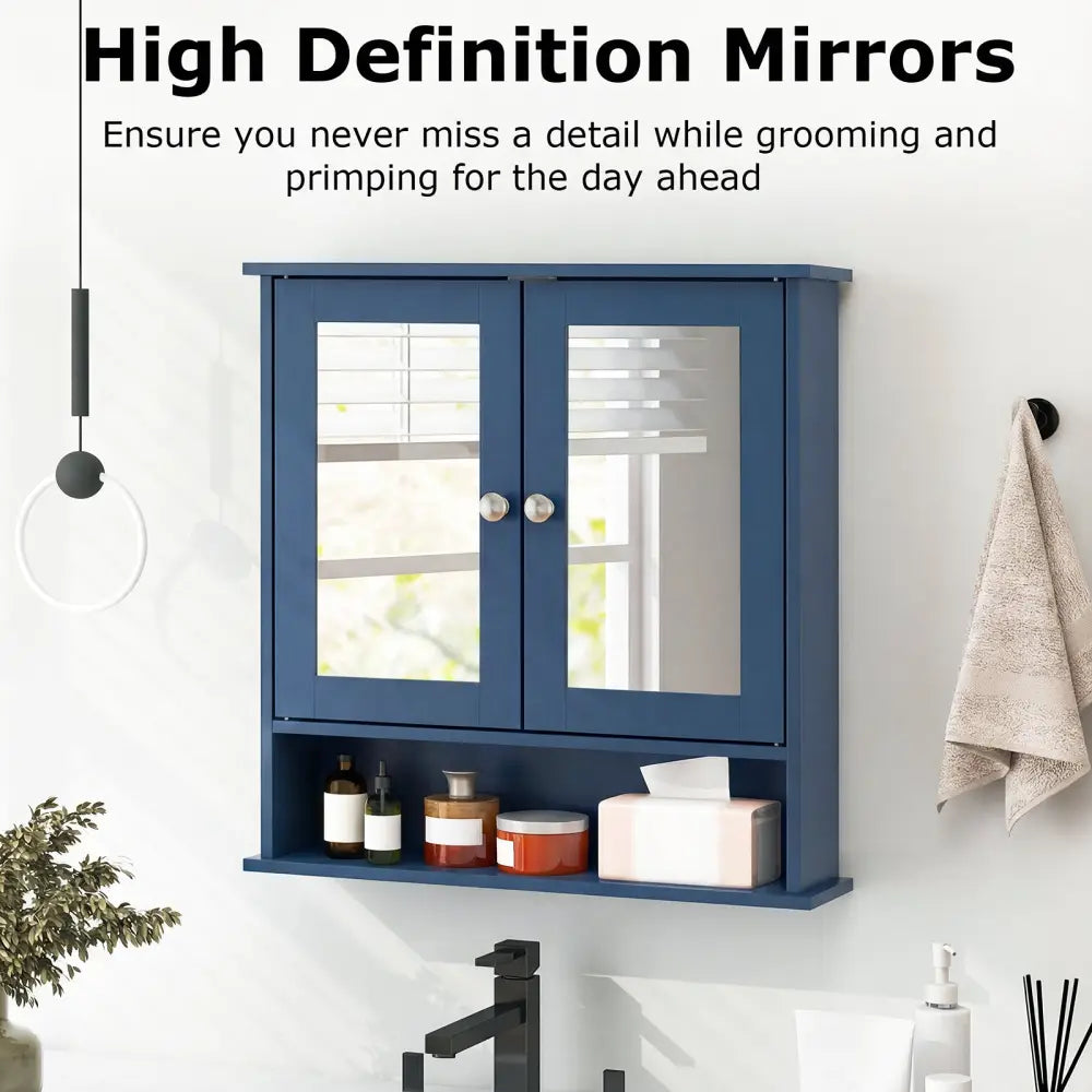 Double Door Wall-Mounted Bathroom Mirror Cabinet with Storage Shelf-Blue - Blue - Wall Cabinets