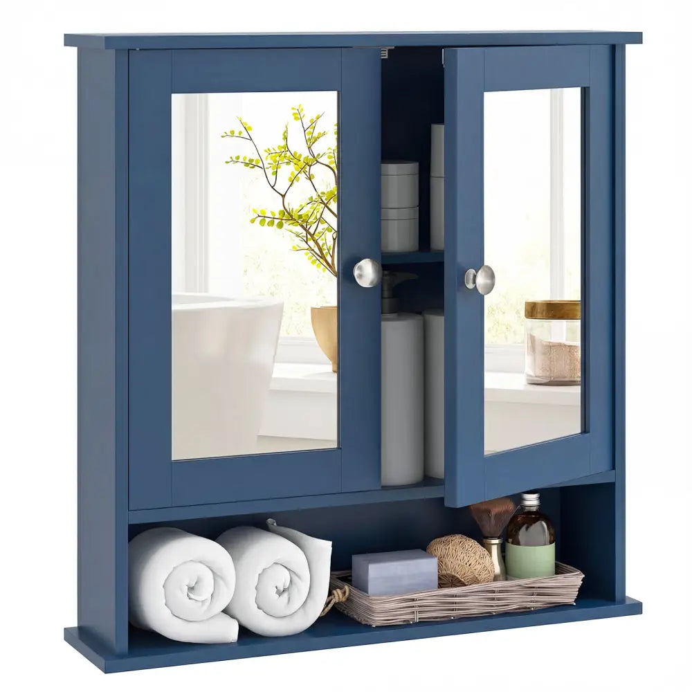 Double Door Wall-Mounted Bathroom Mirror Cabinet with Storage Shelf-Blue - Blue - Wall Cabinets