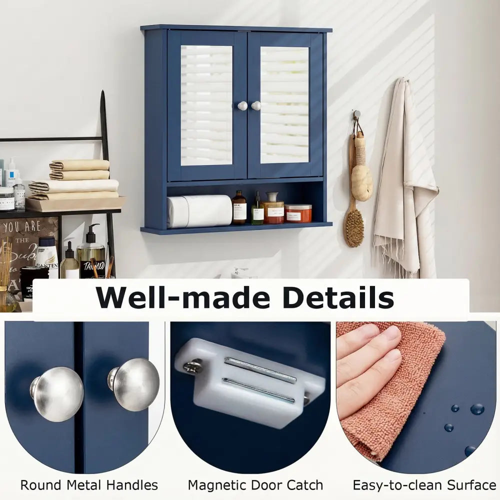 Double Door Wall-Mounted Bathroom Mirror Cabinet with Storage Shelf-Blue - Blue - Wall Cabinets