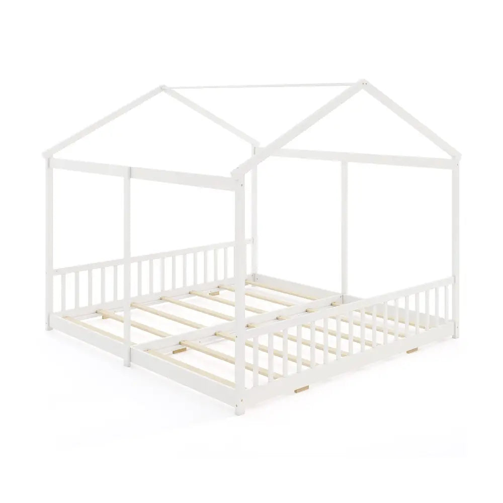 Double Floor Bed for Twins House Beds with Safety Guardrails for 2 Kids-White - White - Toddler Beds
