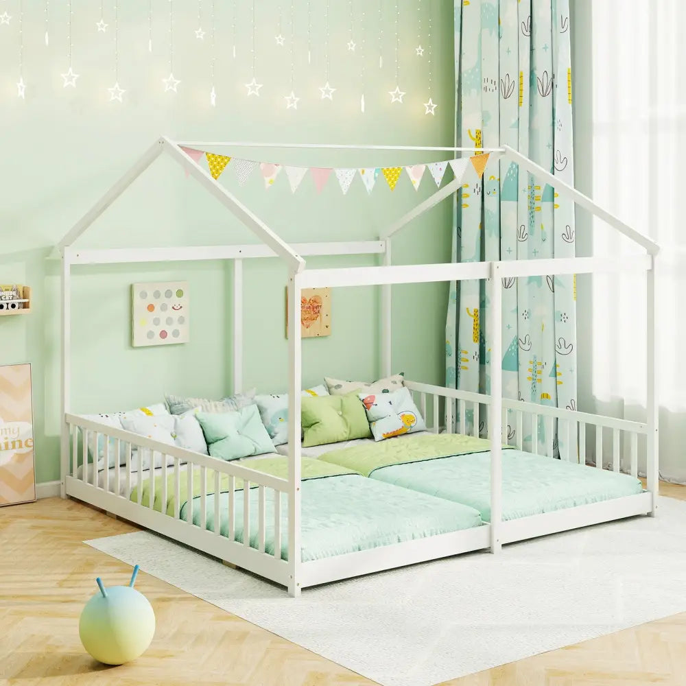 Double Floor Bed for Twins House Beds with Safety Guardrails for 2 Kids-White - White - Toddler Beds