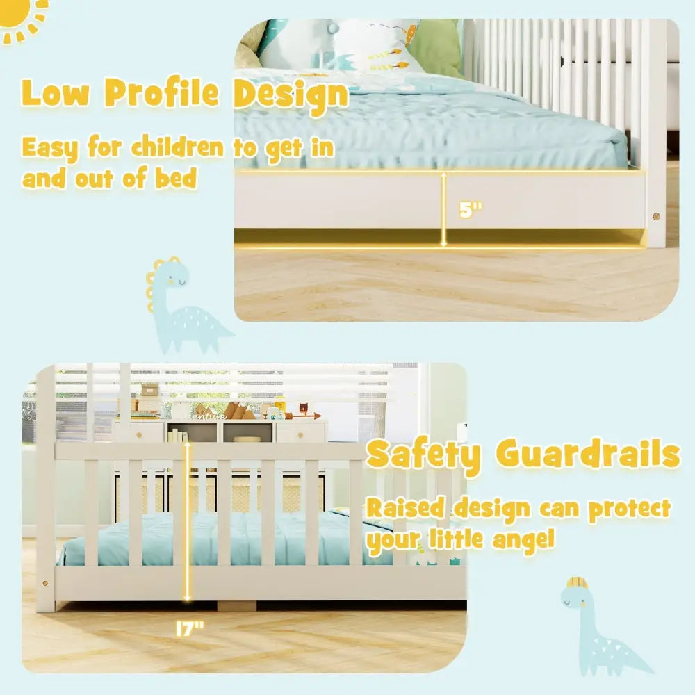 Double Floor Bed for Twins House Beds with Safety Guardrails for 2 Kids-White - White - Toddler Beds