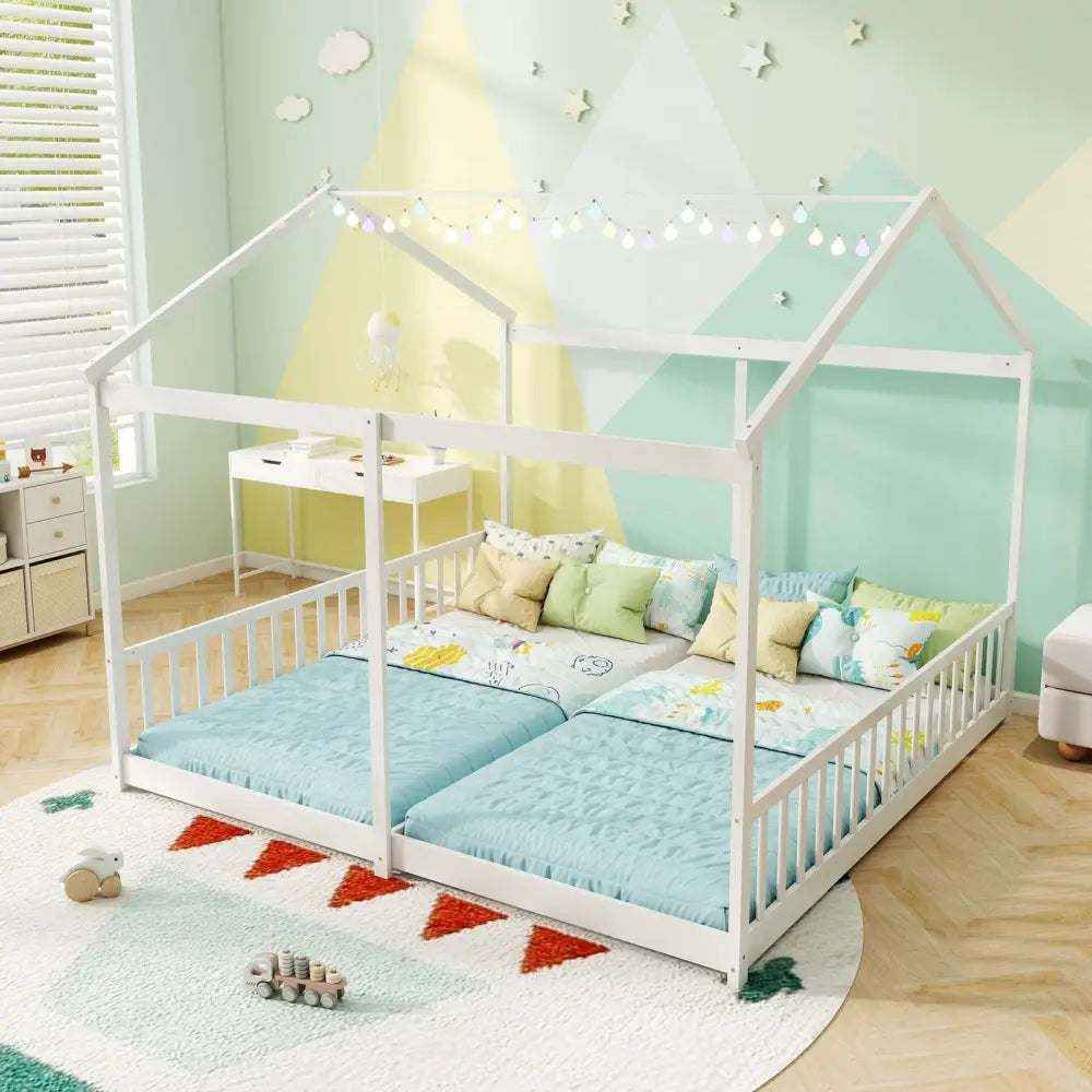 Double Floor Bed for Twins House Beds with Safety Guardrails for 2 Kids-White - White - Toddler Beds