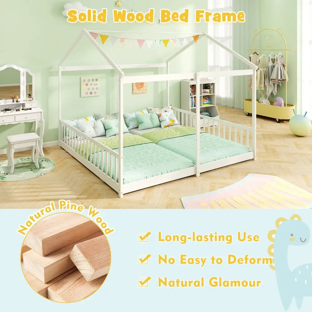 Double Floor Bed for Twins House Beds with Safety Guardrails for 2 Kids-White - White - Toddler Beds