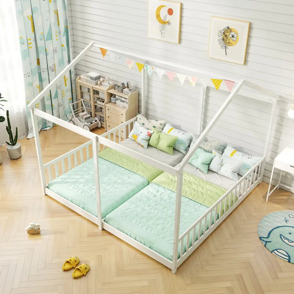 Double Floor Bed for Twins House Beds with Safety Guardrails for 2 Kids-White - White - Toddler Beds