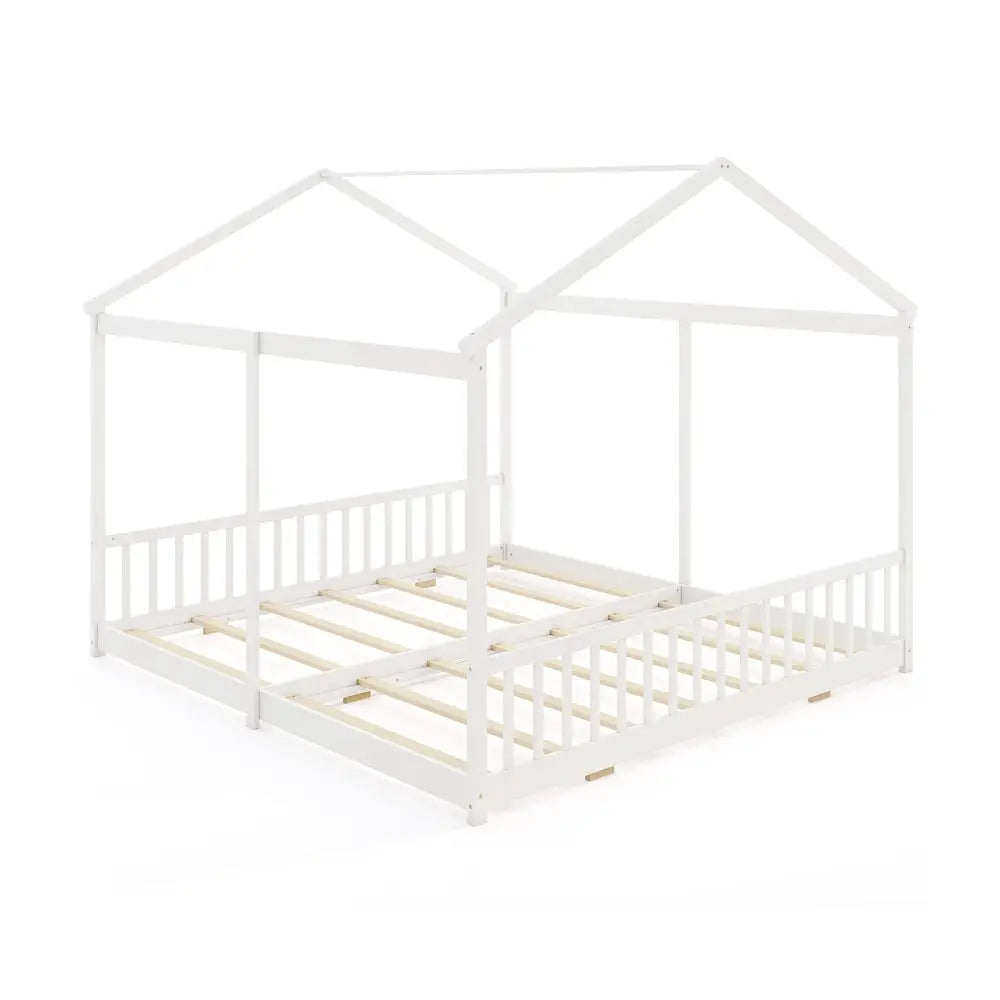 Double Floor Bed for Twins House Beds with Safety Guardrails for 2 Kids-White - White - Toddler Beds