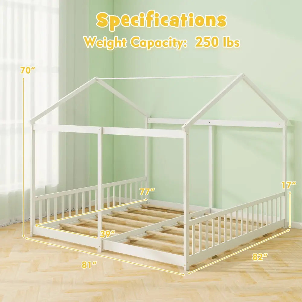 Double Floor Bed for Twins House Beds with Safety Guardrails for 2 Kids-White - White - Toddler Beds