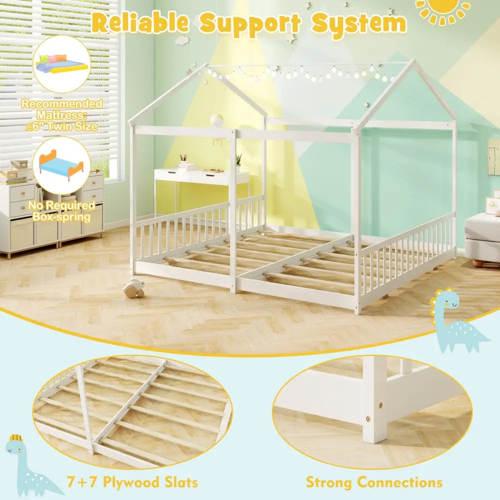 Double Floor Bed for Twins House Beds with Safety Guardrails for 2 Kids-White - White - Toddler Beds