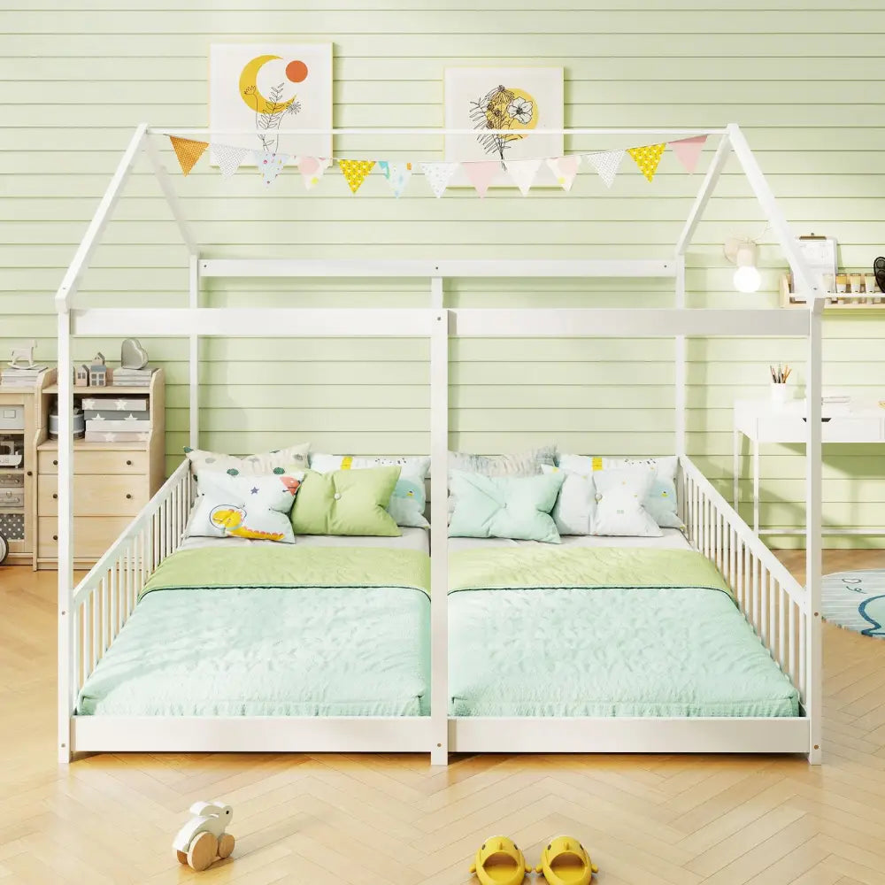 Double Floor Bed for Twins House Beds with Safety Guardrails for 2 Kids-White - White - Toddler Beds