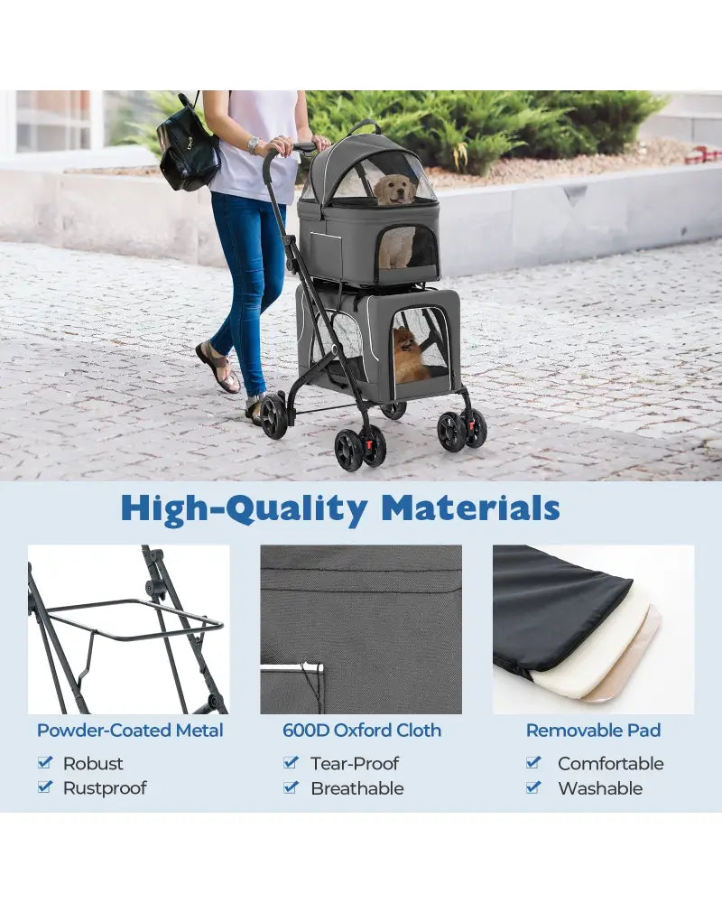 Double Pet Stroller Foldable 3-in-1 Dog Stroller with 2 Detachable Carriers-Gray - Gray - Dog Supplies