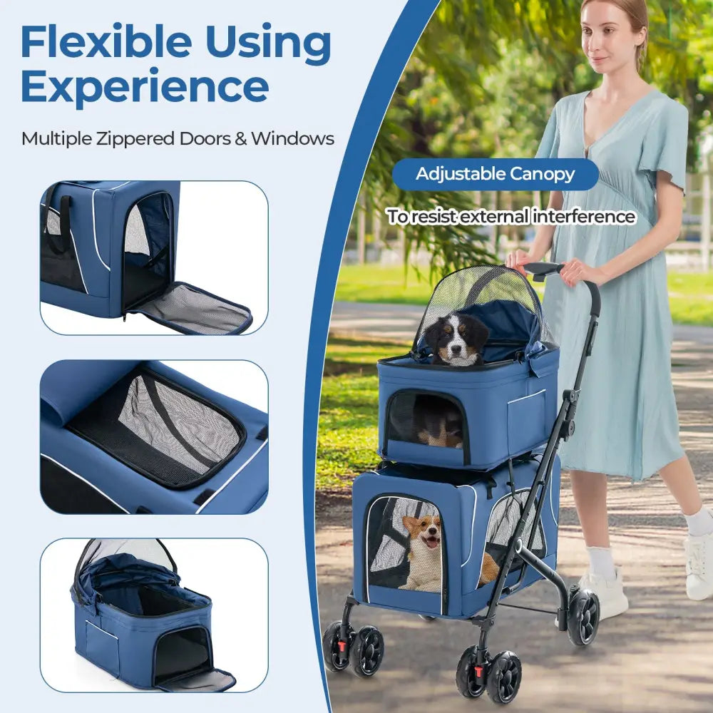 Double Pet Stroller Foldable 3-in-1 Dog Stroller with 2 Detachable Carriers-Blue - Blue - Dog Supplies