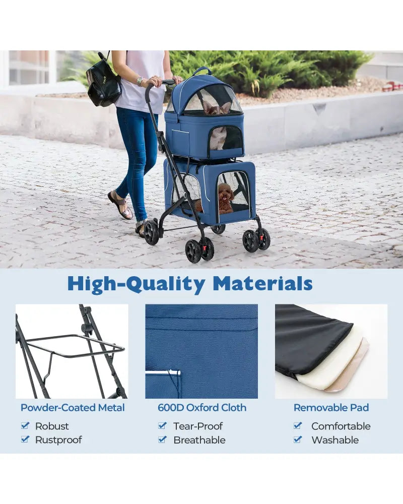 Double Pet Stroller Foldable 3-in-1 Dog Stroller with 2 Detachable Carriers-Blue - Blue - Dog Supplies