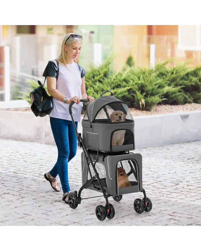 Double Pet Stroller Foldable 3-in-1 Dog Stroller with 2 Detachable Carriers-Gray - Gray - Dog Supplies