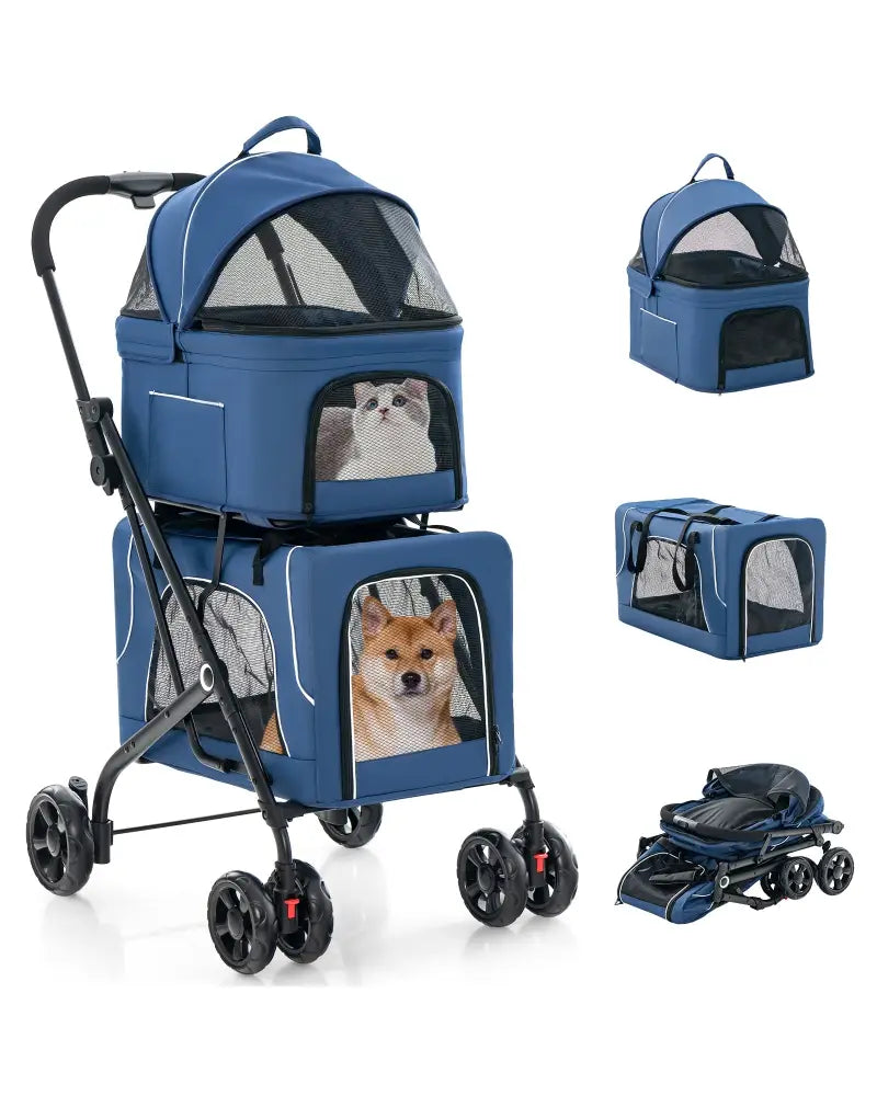 Double Pet Stroller Foldable 3-in-1 Dog Stroller with 2 Detachable Carriers-Blue - Blue - Dog Supplies