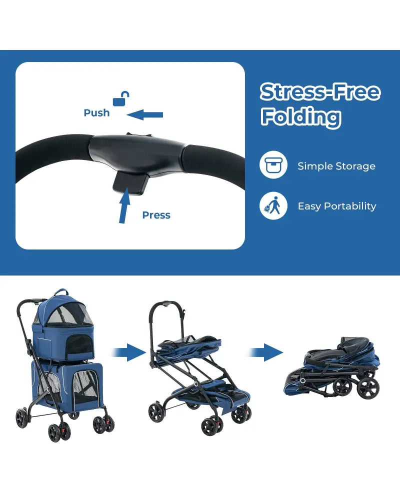 Double Pet Stroller Foldable 3-in-1 Dog Stroller with 2 Detachable Carriers-Blue - Blue - Dog Supplies