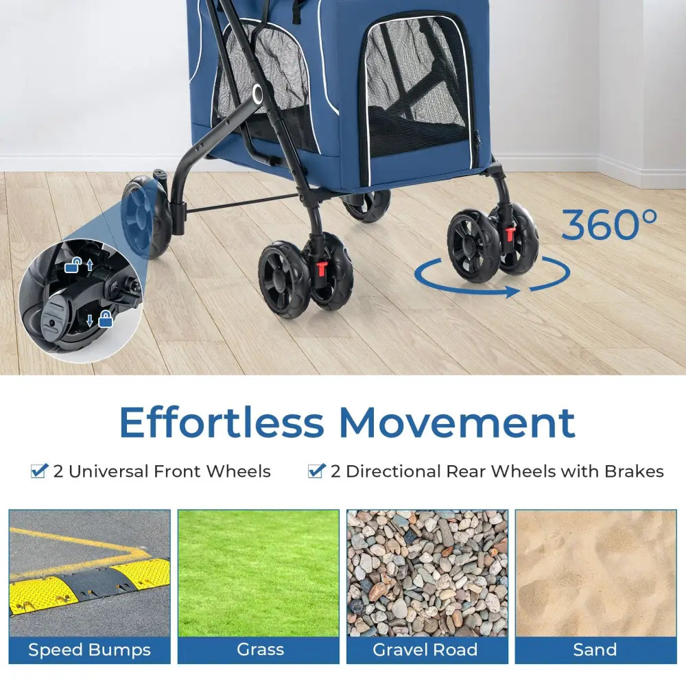 Double Pet Stroller Foldable 3-in-1 Dog Stroller with 2 Detachable Carriers-Blue - Blue - Dog Supplies