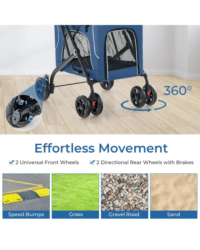 Double Pet Stroller Foldable 3-in-1 Dog Stroller with 2 Detachable Carriers-Blue - Blue - Dog Supplies