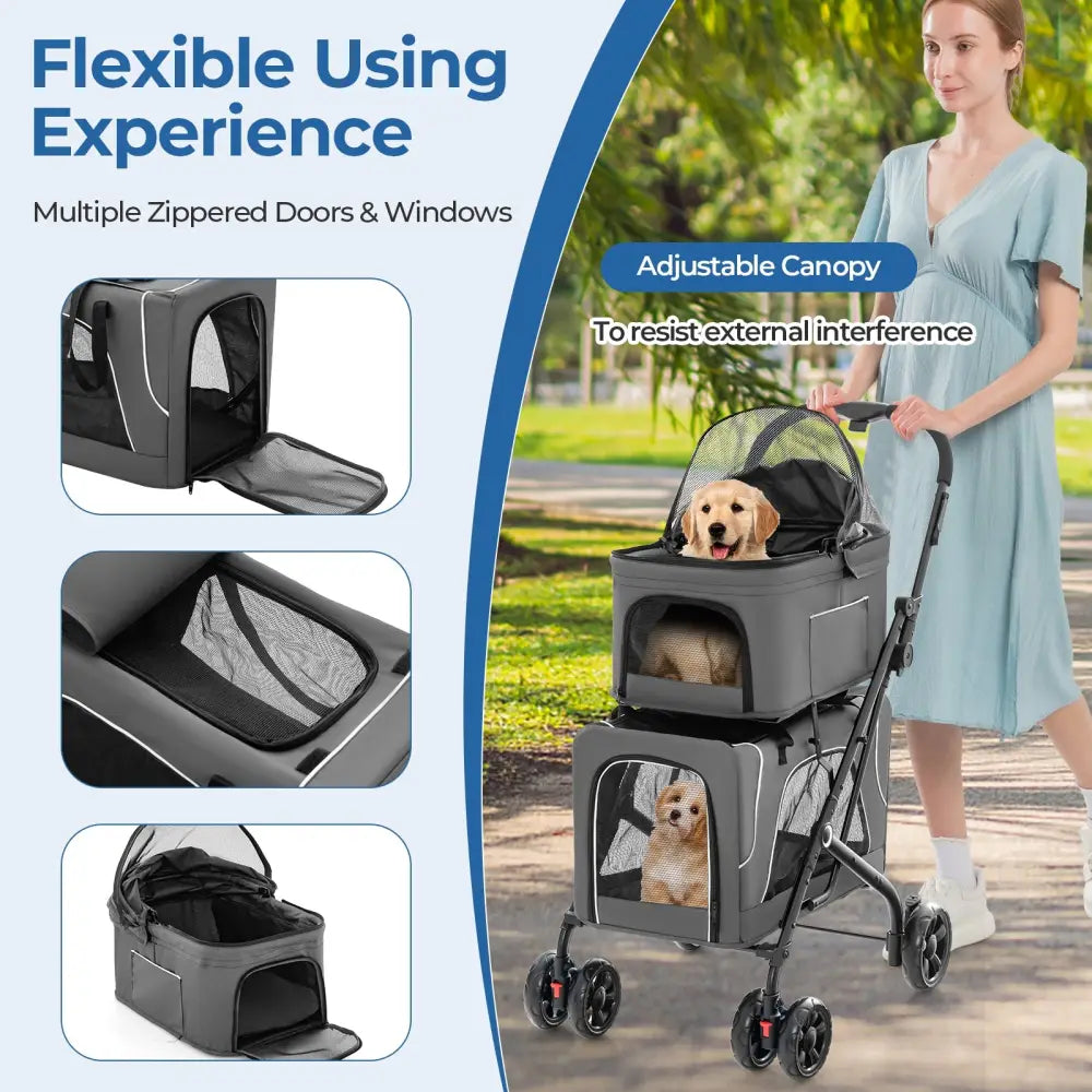 Double Pet Stroller Foldable 3-in-1 Dog Stroller with 2 Detachable Carriers-Gray - Gray - Dog Supplies