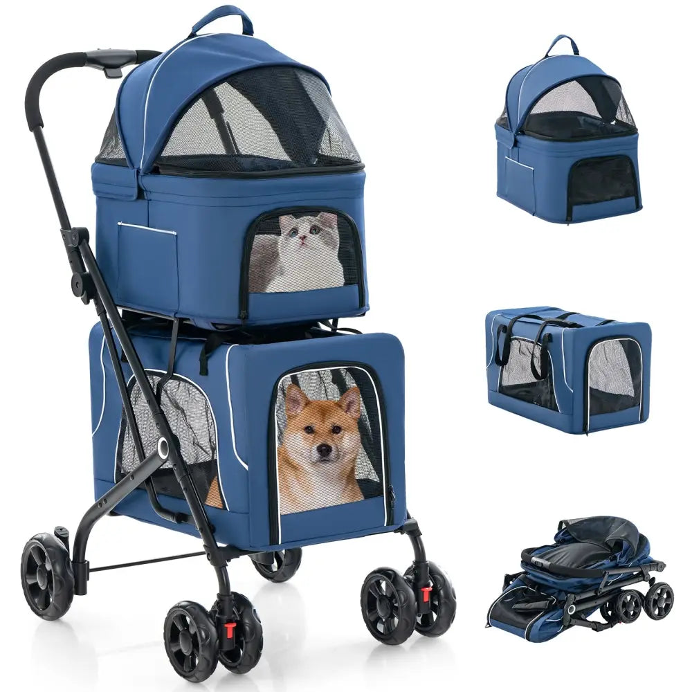 Double Pet Stroller Foldable 3-in-1 Dog Stroller with 2 Detachable Carriers-Blue - Blue - Dog Supplies