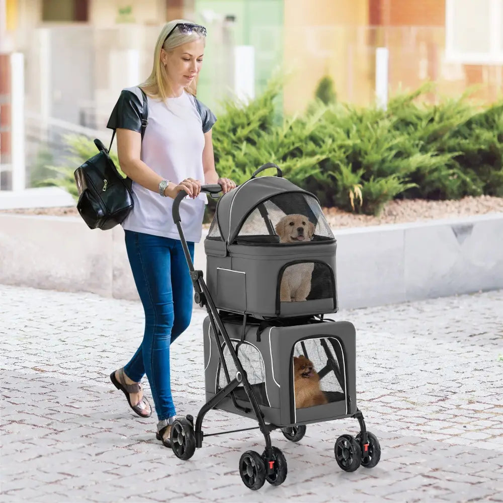 Double Pet Stroller Foldable 3-in-1 Dog Stroller with 2 Detachable Carriers-Gray - Gray - Dog Supplies
