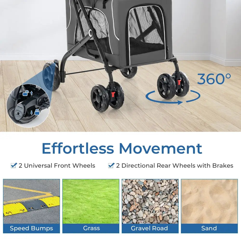 Double Pet Stroller Foldable 3-in-1 Dog Stroller with 2 Detachable Carriers-Gray - Gray - Dog Supplies