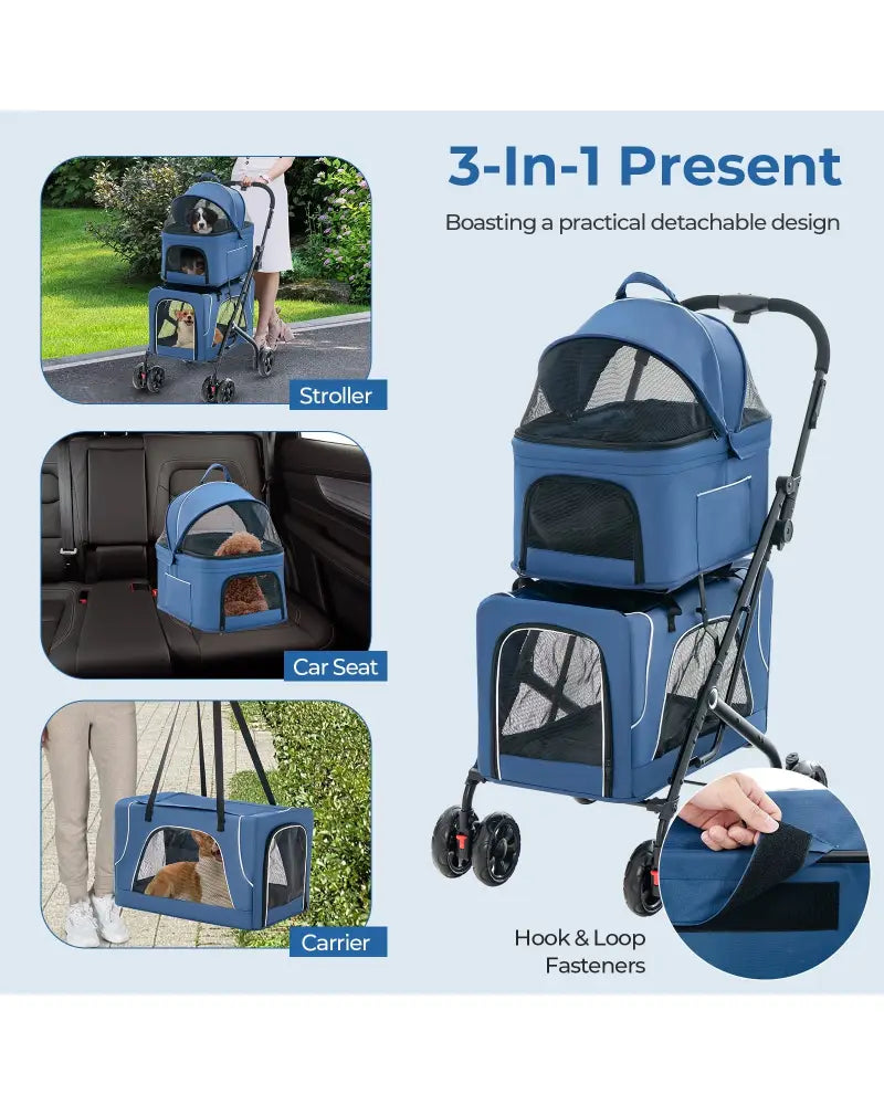Double Pet Stroller Foldable 3-in-1 Dog Stroller with 2 Detachable Carriers-Blue - Blue - Dog Supplies