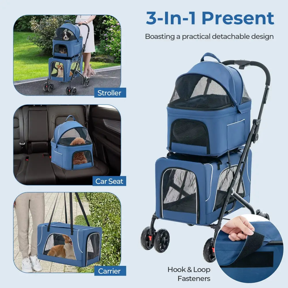 Double Pet Stroller Foldable 3-in-1 Dog Stroller with 2 Detachable Carriers-Blue - Blue - Dog Supplies