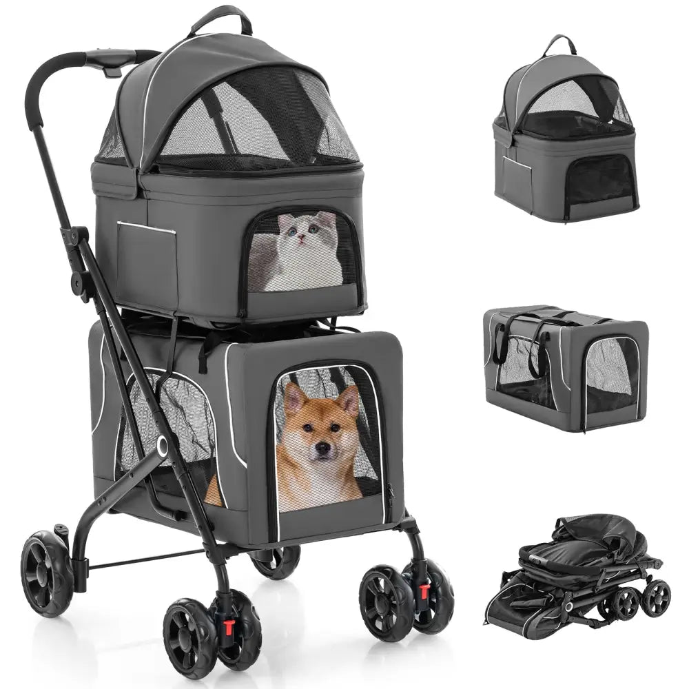 Double Pet Stroller Foldable 3-in-1 Dog Stroller with 2 Detachable Carriers-Gray - Gray - Dog Supplies