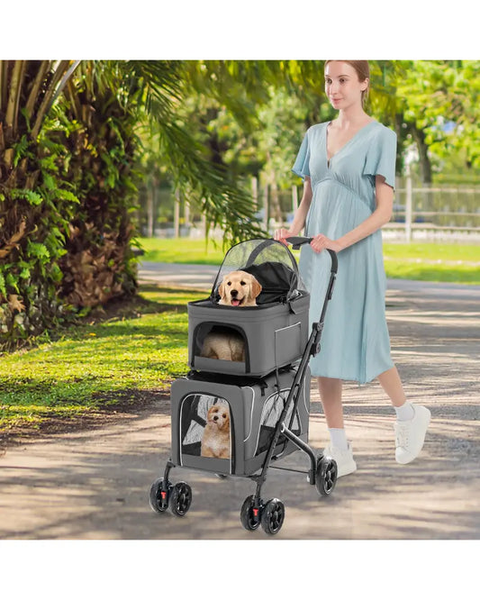 Double Pet Stroller Foldable 3-in-1 Dog Stroller with 2 Detachable Carriers-Gray - Gray - Dog Supplies