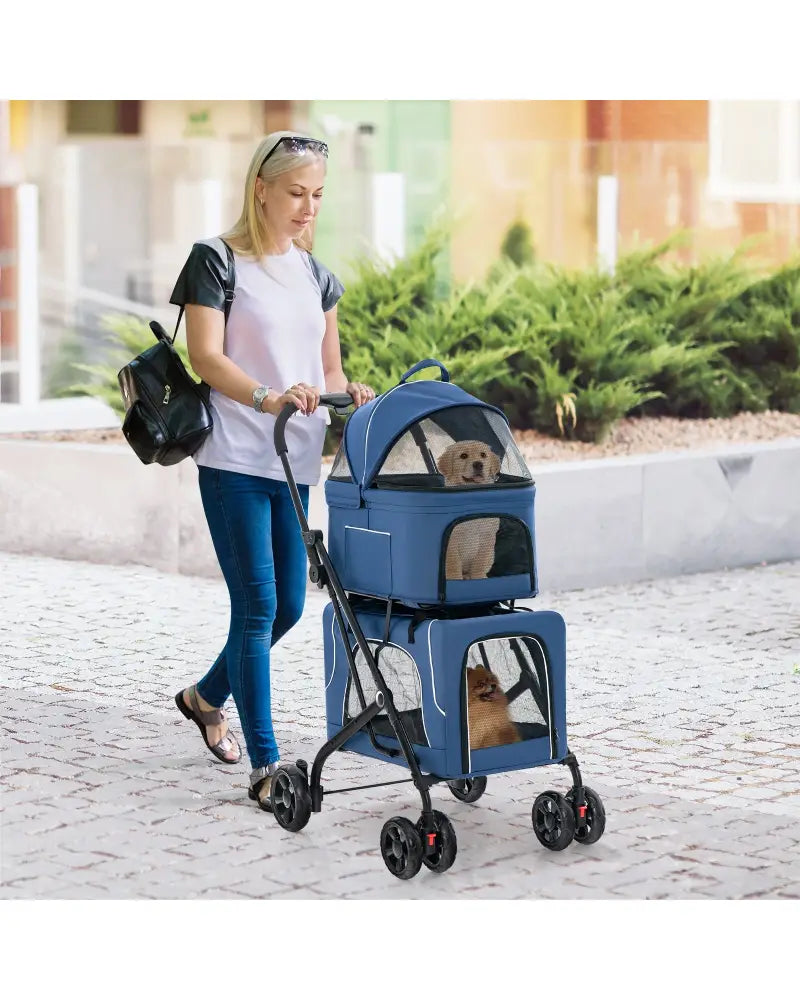 Double Pet Stroller Foldable 3-in-1 Dog Stroller with 2 Detachable Carriers-Blue - Blue - Dog Supplies