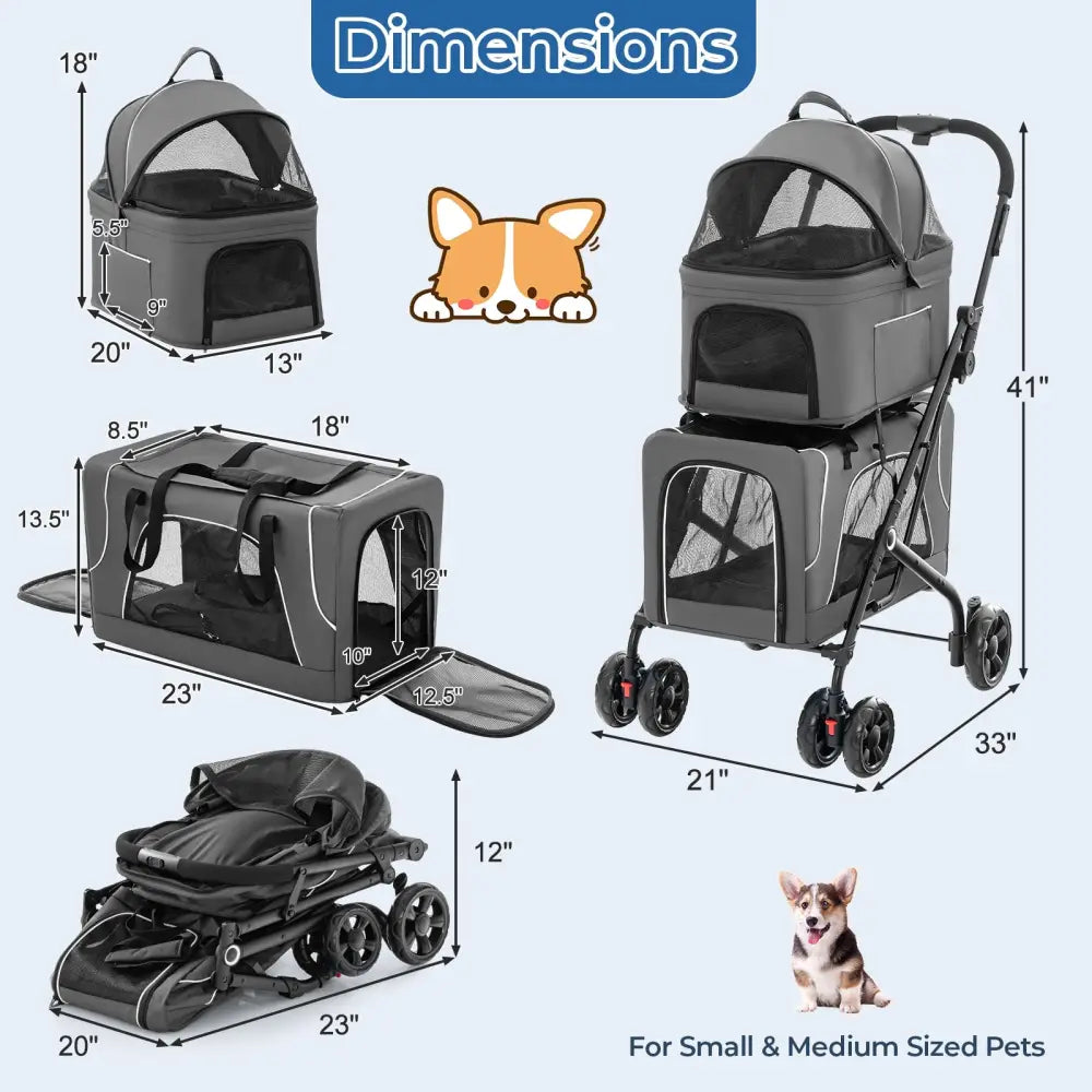Double Pet Stroller Foldable 3-in-1 Dog Stroller with 2 Detachable Carriers-Gray - Gray - Dog Supplies