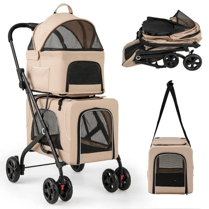 Double Pet Stroller Foldable 3-in-1 Dog Stroller with 2 Detachable Carriers-Beige - Beige - Dog Supplies