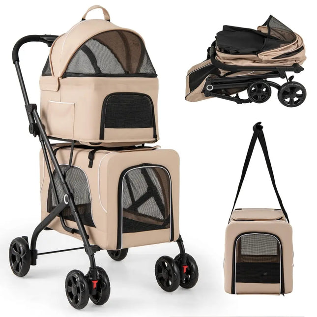 Double Pet Stroller Foldable 3-in-1 Dog Stroller with 2 Detachable Carriers-Beige - Beige - Dog Supplies