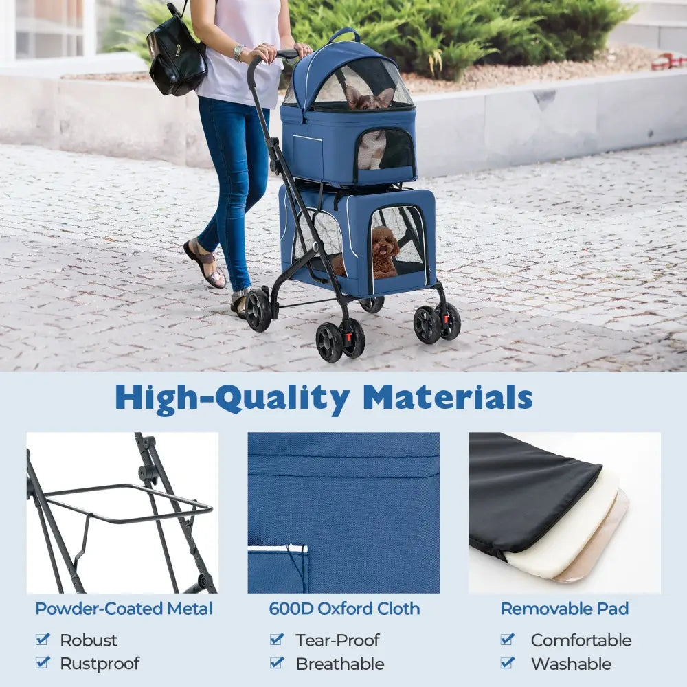 Double Pet Stroller Foldable 3-in-1 Dog Stroller with 2 Detachable Carriers-Blue - Blue - Dog Supplies