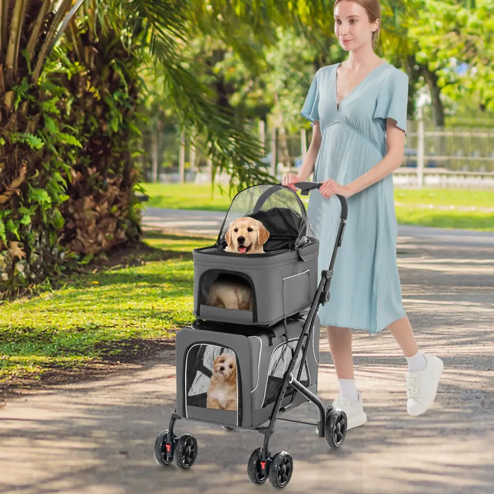 Double Pet Stroller Foldable 3-in-1 Dog Stroller with 2 Detachable Carriers-Gray - Gray - Dog Supplies