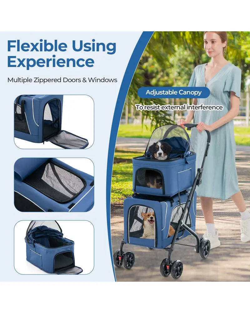 Double Pet Stroller Foldable 3-in-1 Dog Stroller with 2 Detachable Carriers-Blue - Blue - Dog Supplies